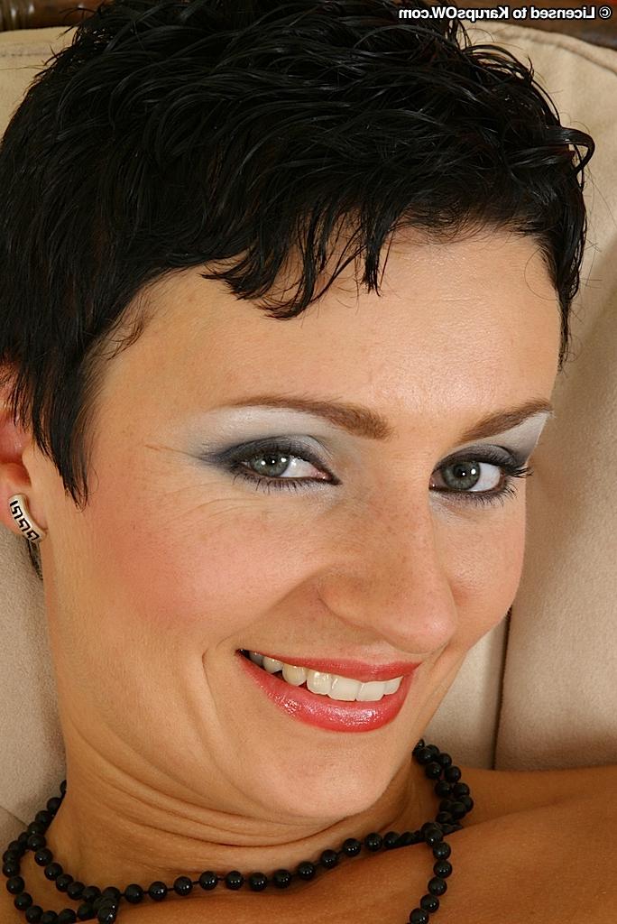 16P Short-haired brunette MILF pleasing her love holes with her favorite toys