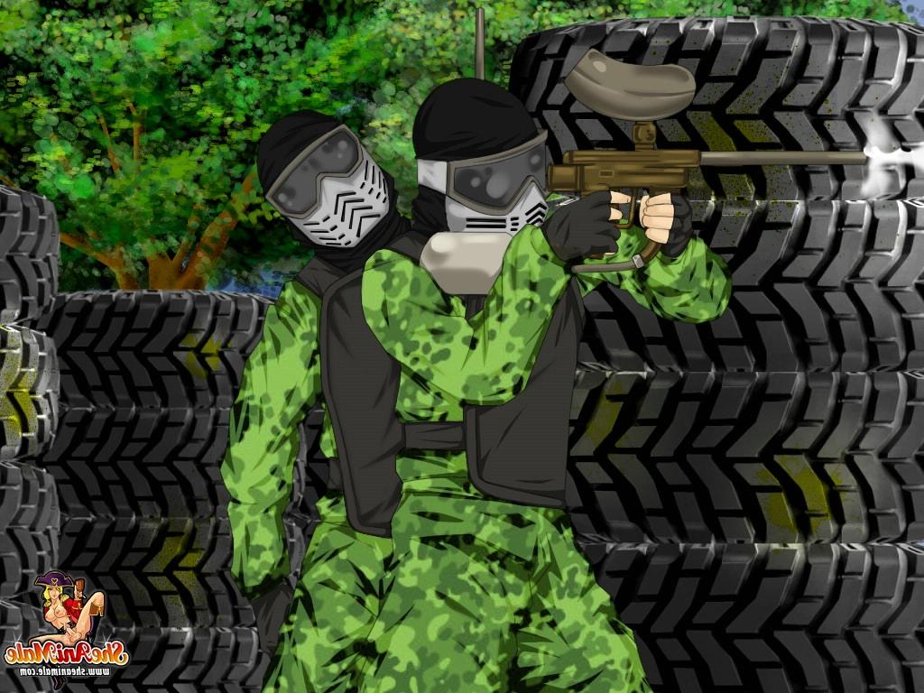 12P Duas travestis de anime tiram a roupa e transam com um garoto ruivo no clube de paintball