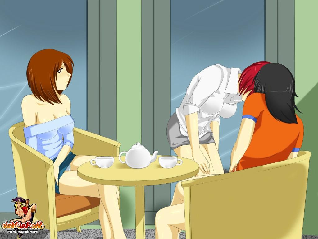 12P Anime waitress enjoying a sizzling shemale threesome at the restaurant