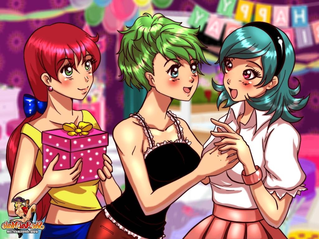 12P Linda garota de aniversário Hentai é fodida por duas travestis peitudas em um trio