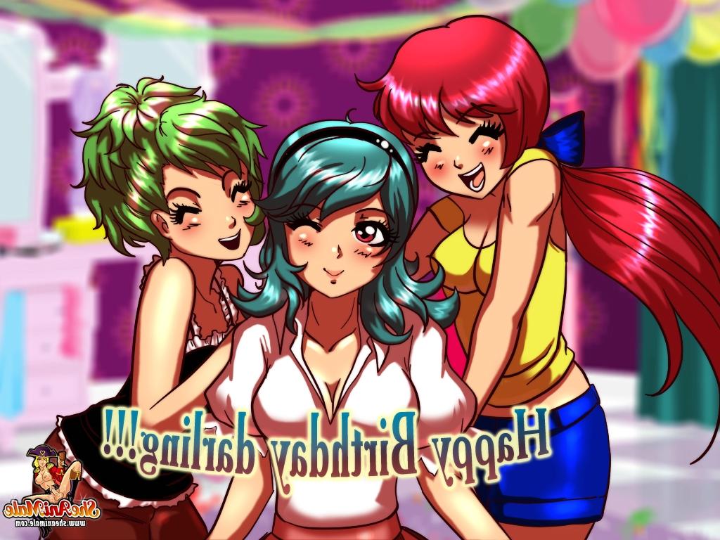 12P Linda garota de aniversário Hentai é fodida por duas travestis peitudas em um trio