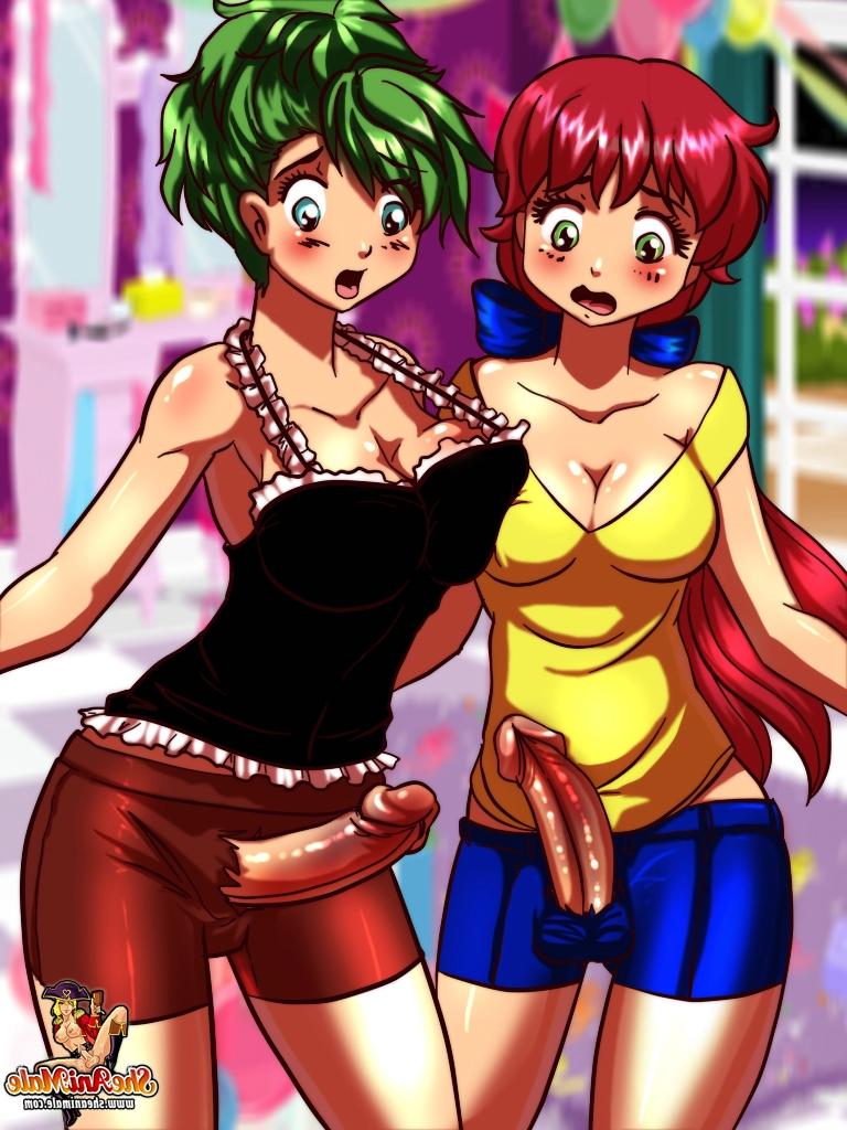 12P Linda garota de aniversário Hentai é fodida por duas travestis peitudas em um trio