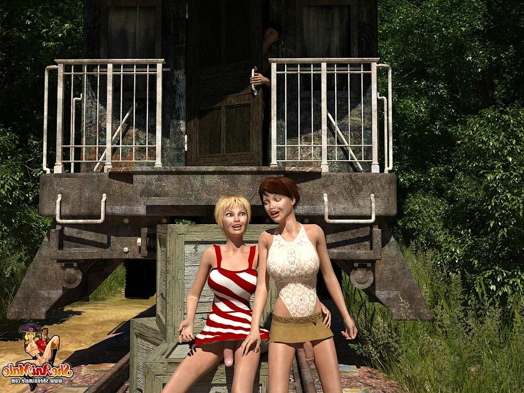 20P Horny cartoon shemales enjoying a hot FFM outdoor threesome on a rail line