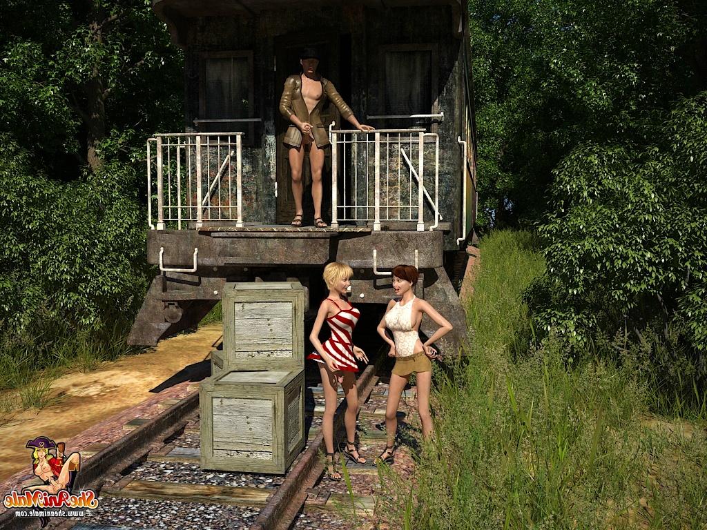 20P Horny cartoon shemales enjoying a hot FFM outdoor threesome on a rail line