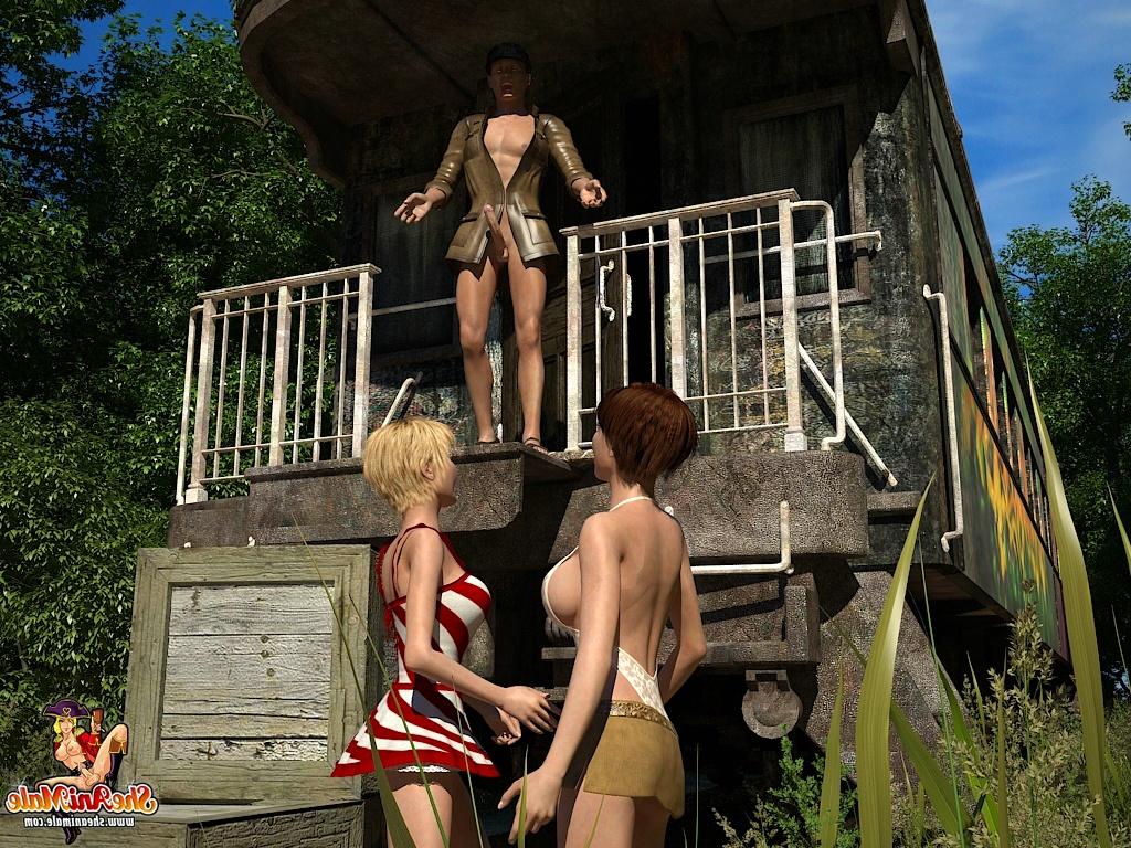 20P Horny cartoon shemales enjoying a hot FFM outdoor threesome on a rail line