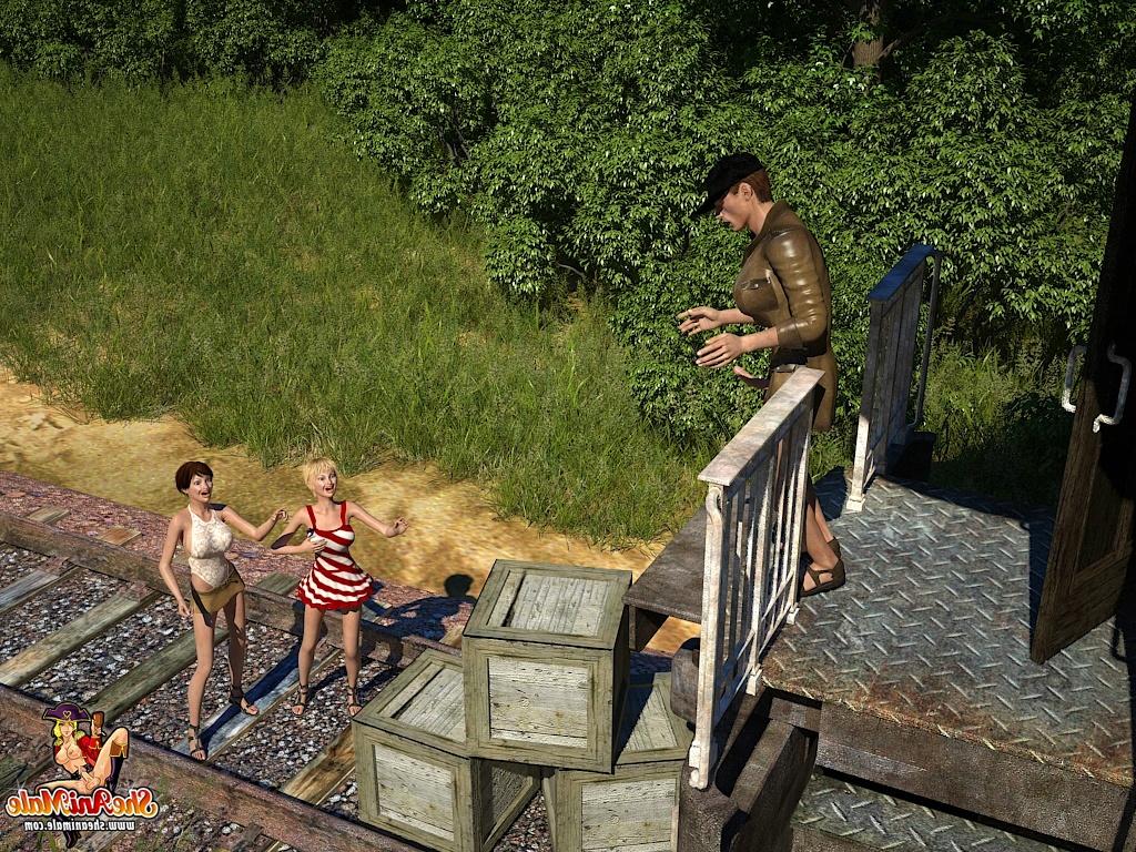 20P Horny cartoon shemales enjoying a hot FFM outdoor threesome on a rail line
