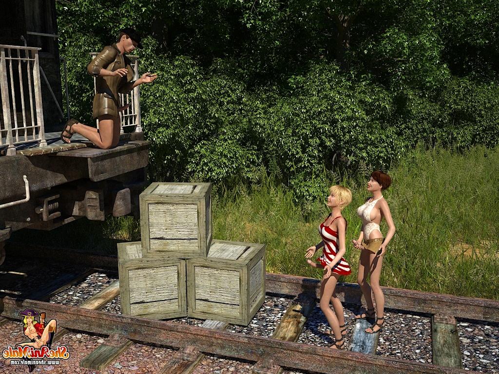 20P Horny cartoon shemales enjoying a hot FFM outdoor threesome on a rail line