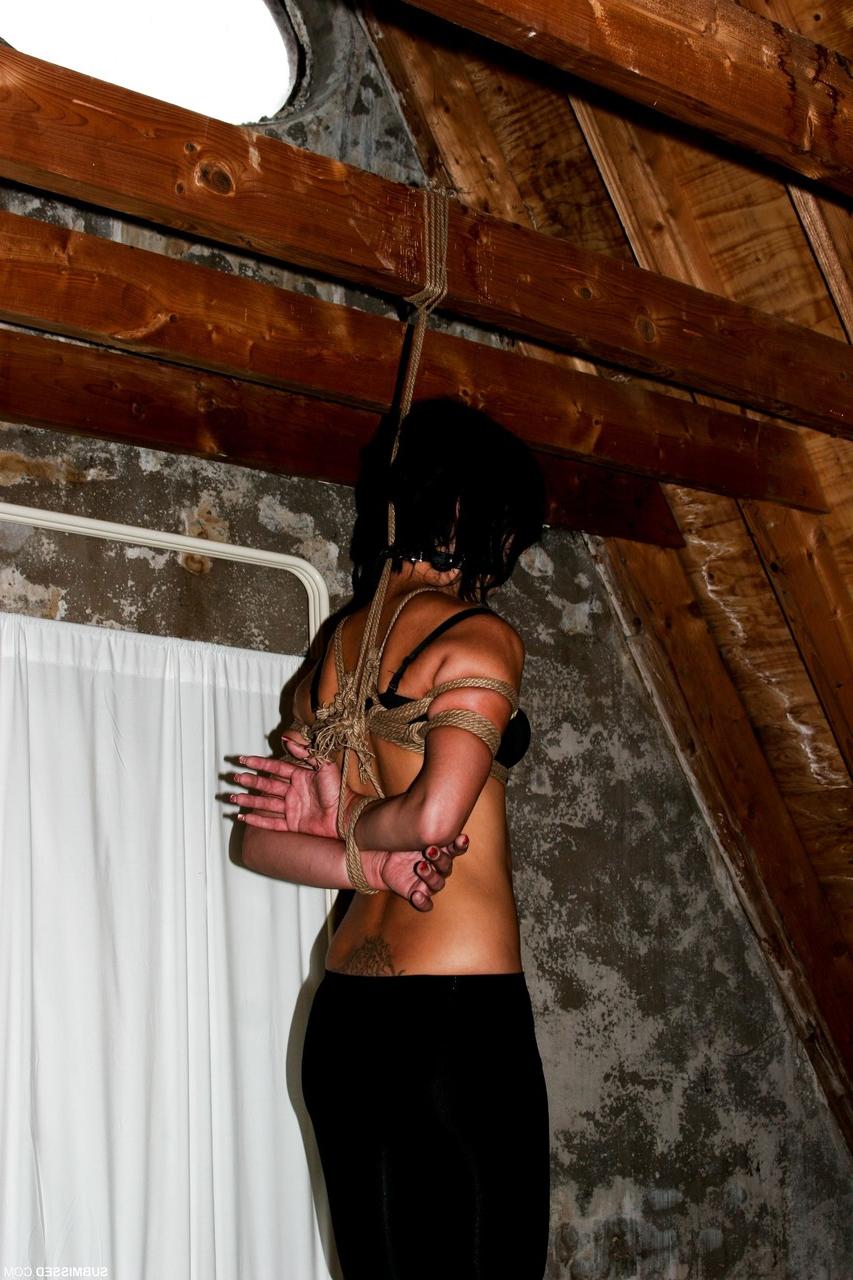 20P Helpless dark-haired MILF Lucy struggles gagged & bound in her bra & leggings