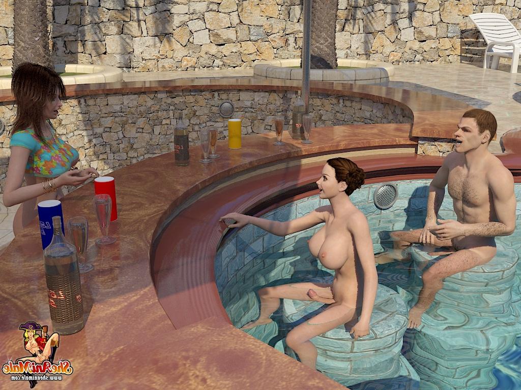 20P Dos travestis anime de grandes tetas follando con un guapo semental en la piscina