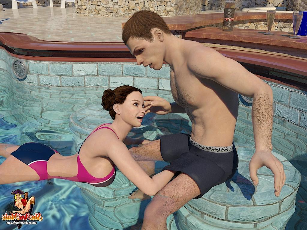 20P Dos travestis anime de grandes tetas follando con un guapo semental en la piscina