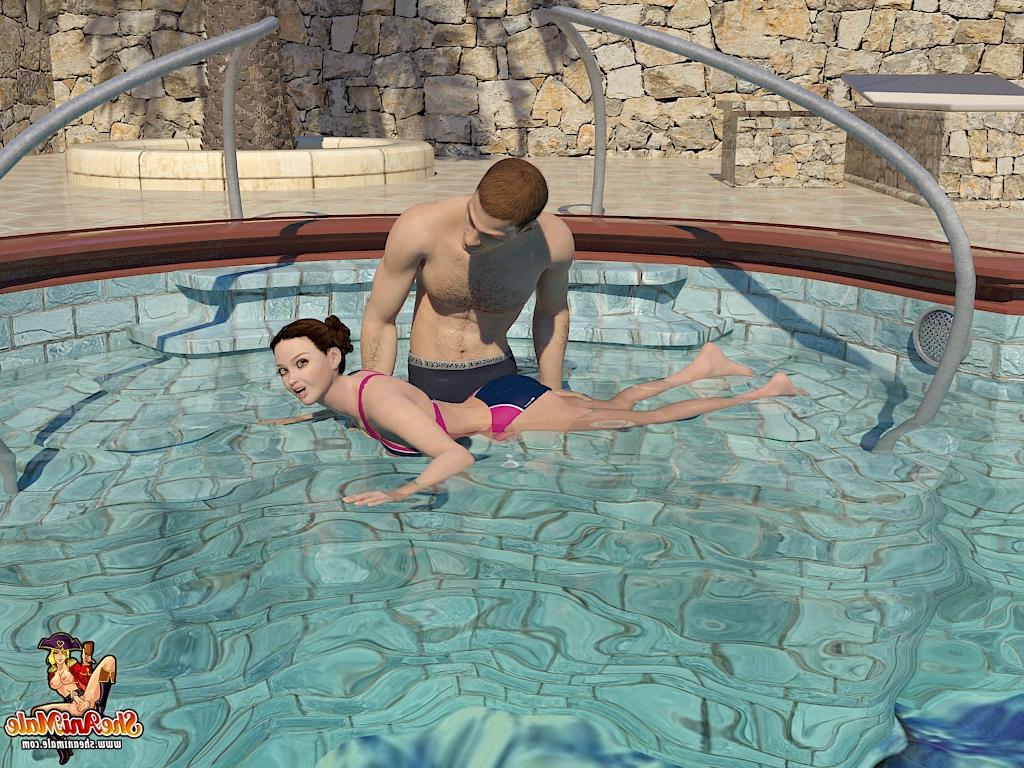20P Dos travestis anime de grandes tetas follando con un guapo semental en la piscina