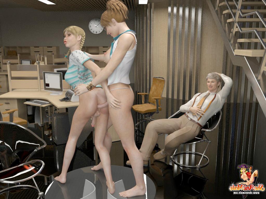 18P Limpiadora transexual de oficina anime disfrutando de un trío anal con los trabajadores masculinos