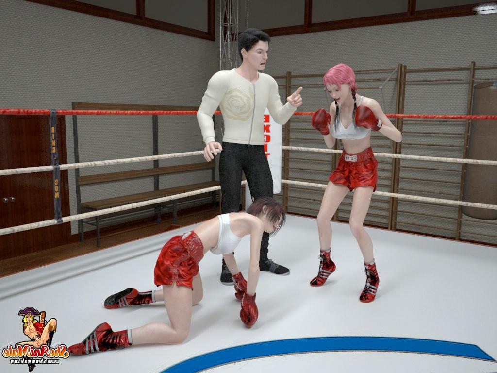 20P Pugilistas travestis de anime desfrutam de um trio gostoso com um árbitro masculino no ringue