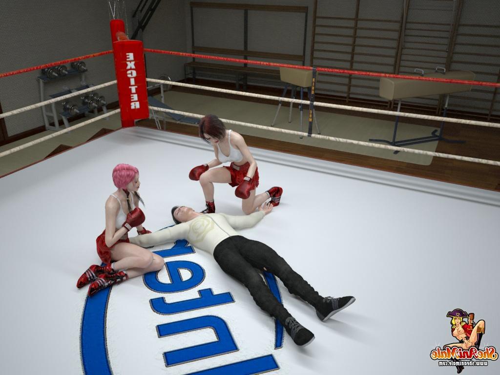 20P Pugilistas travestis de anime desfrutam de um trio gostoso com um árbitro masculino no ringue