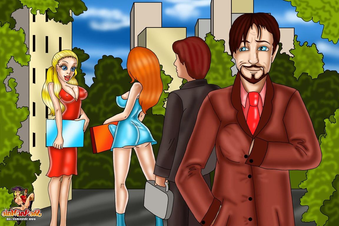 12P Animated tranny with big juggs fucks a horny guy with man boobs on a couch