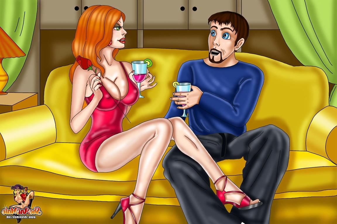 12P Animated tranny with big juggs fucks a horny guy with man boobs on a couch