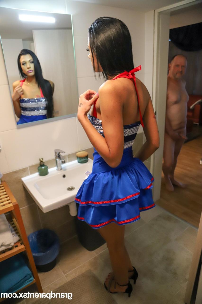 20P Young brunette Adelle Sabelle enjoys an FFM threesome with an old couple