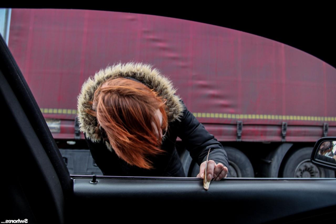 20P Naughty redhead unveils her tiny tits while giving a stranger a blowjob