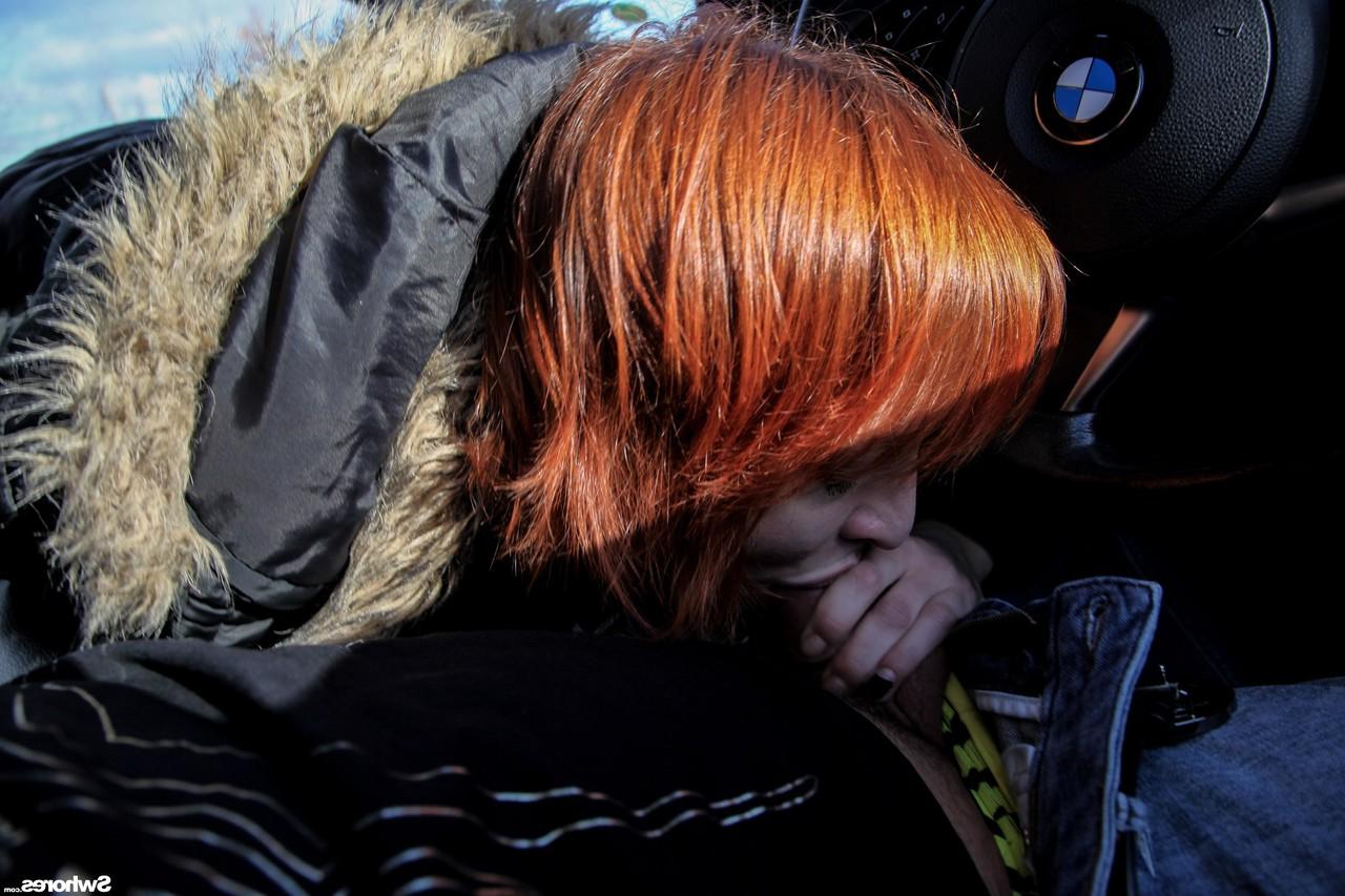 20P Naughty redhead unveils her tiny tits while giving a stranger a blowjob