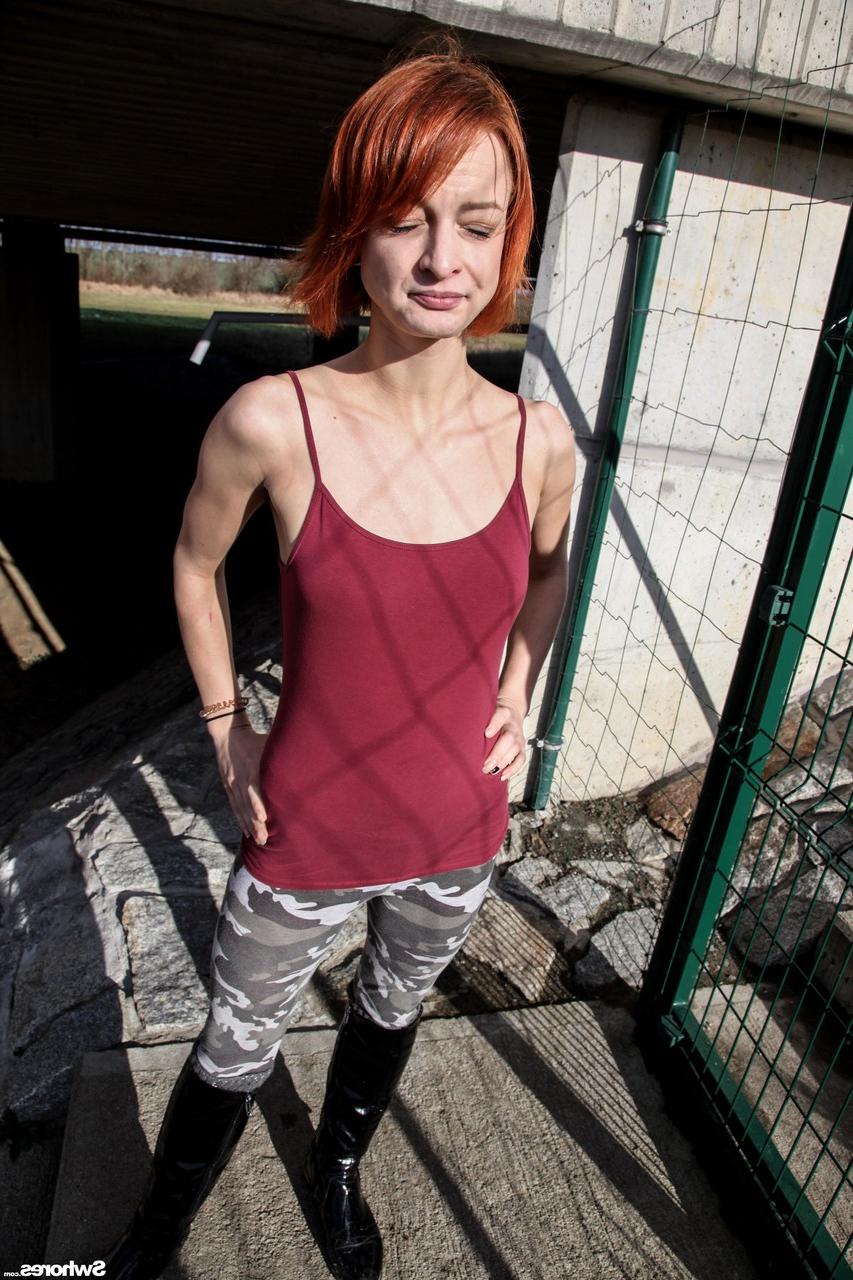 20P Naughty redhead unveils her tiny tits while giving a stranger a blowjob