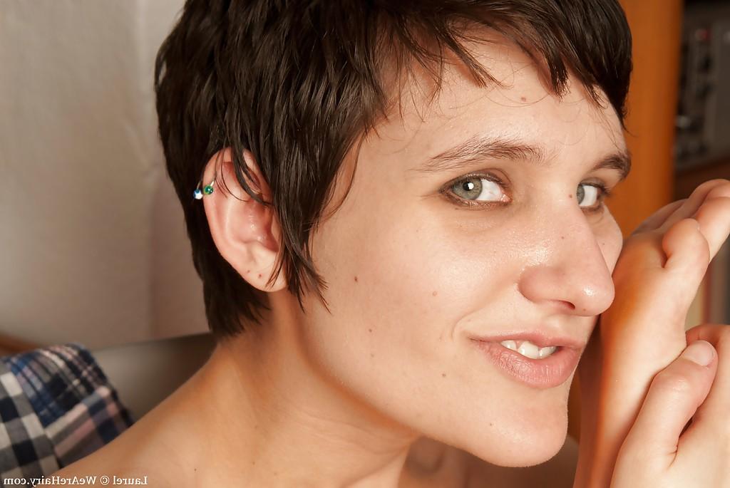 16P Filthy short haired babe doing upskirt and taking off her clothes
