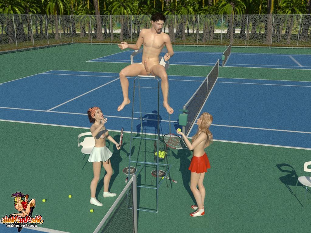 20P Jugadoras de tenis transexuales se follan a su entrenador en la cancha en un trío anime al aire libre