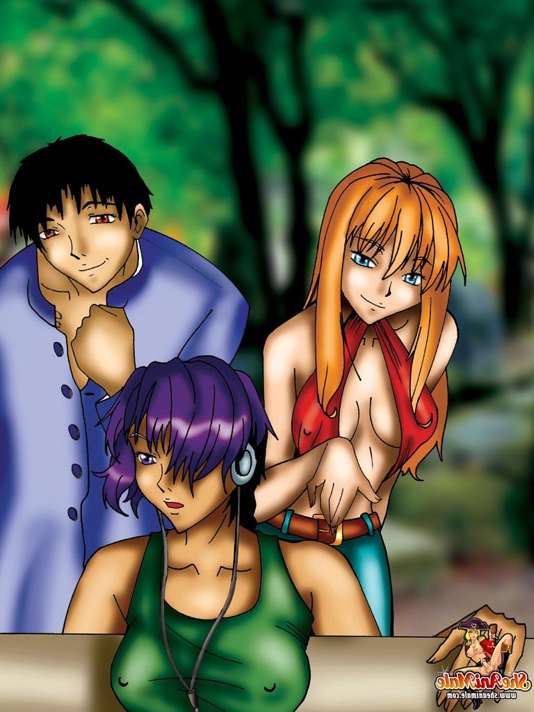 12P Rubia tetona y transexual de pelo morado tetona disfrutan de un trío anal hentai
