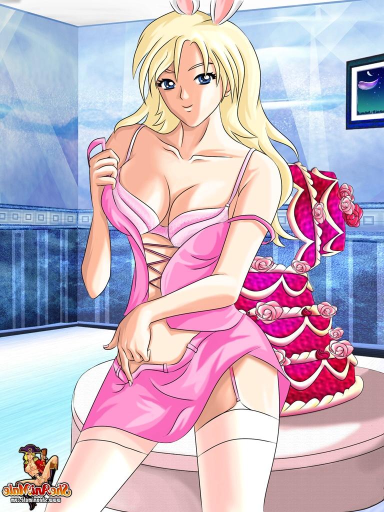 12P Blondes Häschen-T-Chick springt von einer Torte und fickt Geburtstagskind im Doggystyle