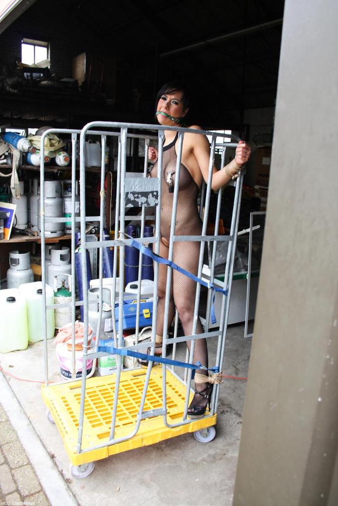 16P クロッチレスボディストッキングを履いた拘束されたブルネットが乳首を締め付けられる