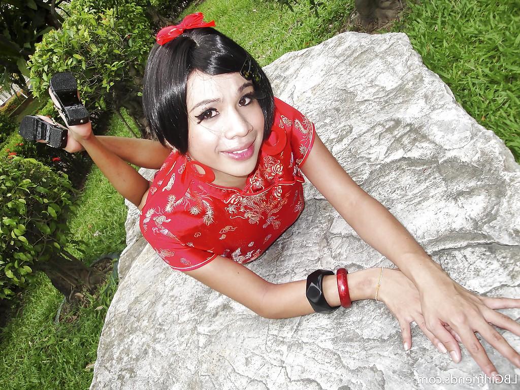 16P Cute Thai tranny Eark spreading in high heels and showing off her cock