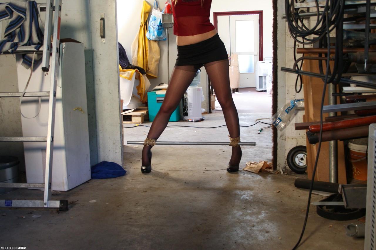 18P Blonde girl gets tied up by her wrists & ball gagged before being masturbated