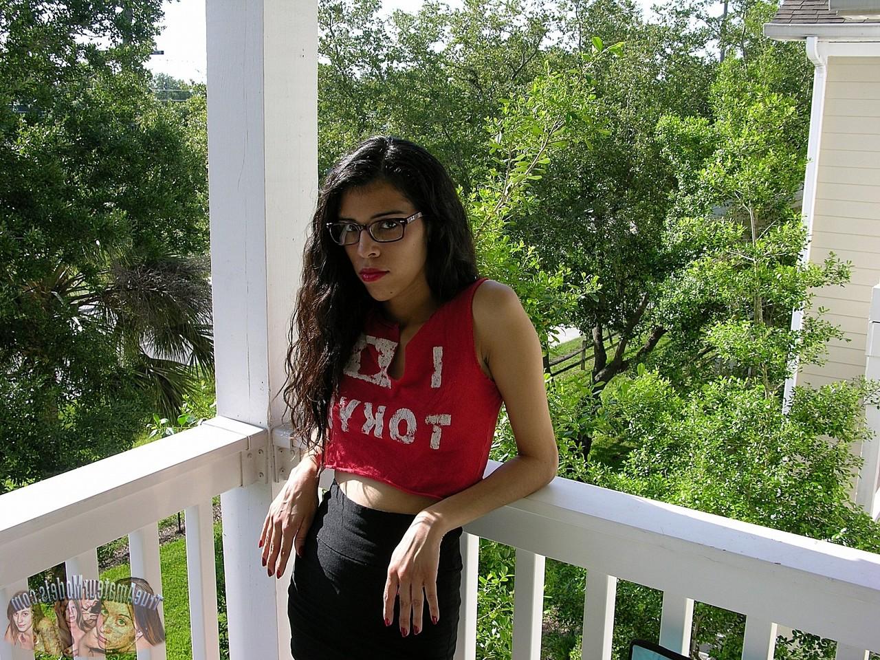 16P Dark haired girl with red lips Lucinda makes her nude debut in her glasses