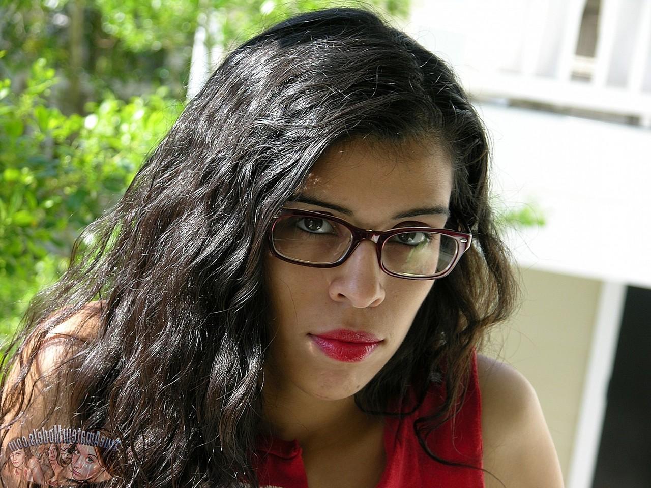 16P Dark haired girl with red lips Lucinda makes her nude debut in her glasses