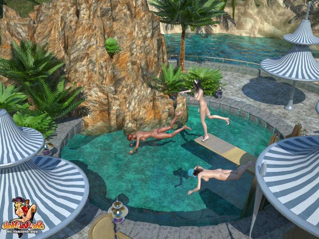 20P Transexuales juguetonas y cachondas disfrutando de un trío anime IR junto a la piscina