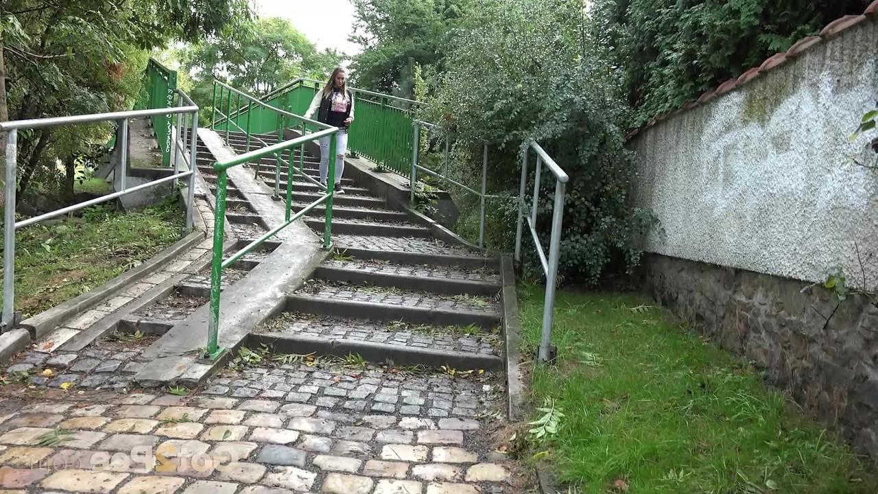 15P Naomi Benet gets caught with her jeans down while pissing on public steps
