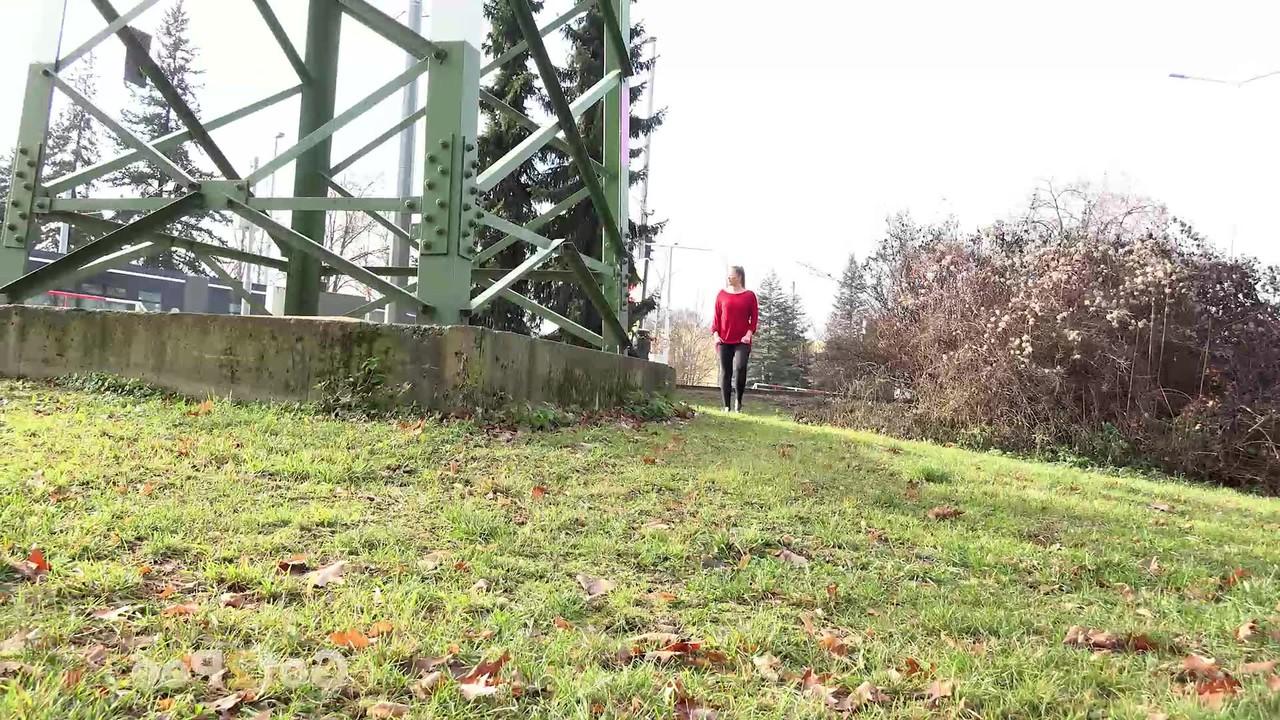 15P Caucasian chick Nikki Dream takes a badly needed pee near a hydro tower