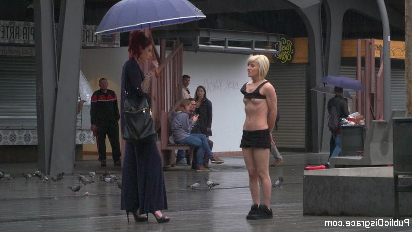15P Blonde girl is humiliated in public on a rainy day before public sex acts