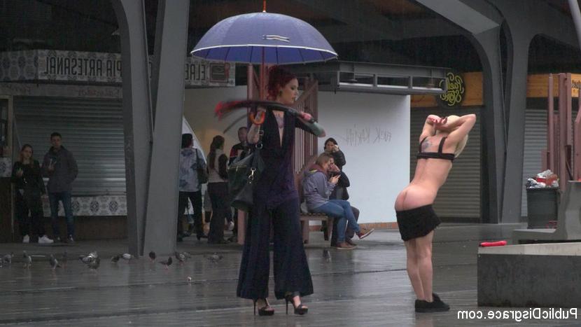 15P Blonde girl is humiliated in public on a rainy day before public sex acts