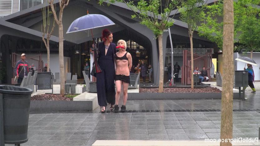 15P Blonde girl is humiliated in public on a rainy day before public sex acts
