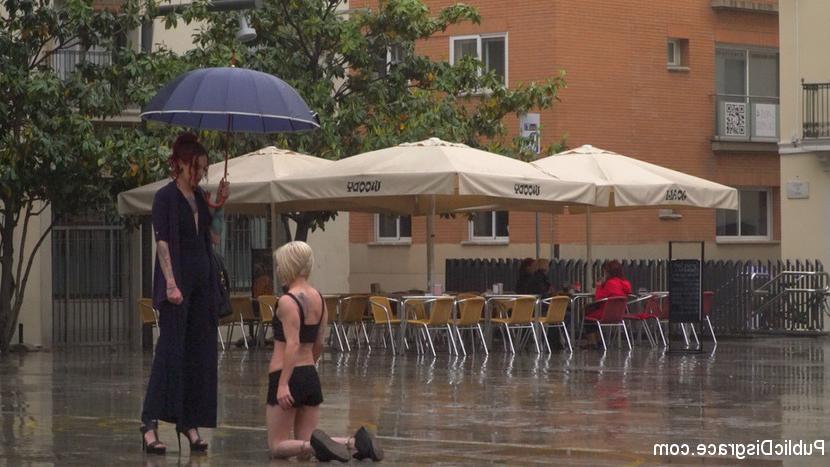 15P Blonde girl is humiliated in public on a rainy day before public sex acts
