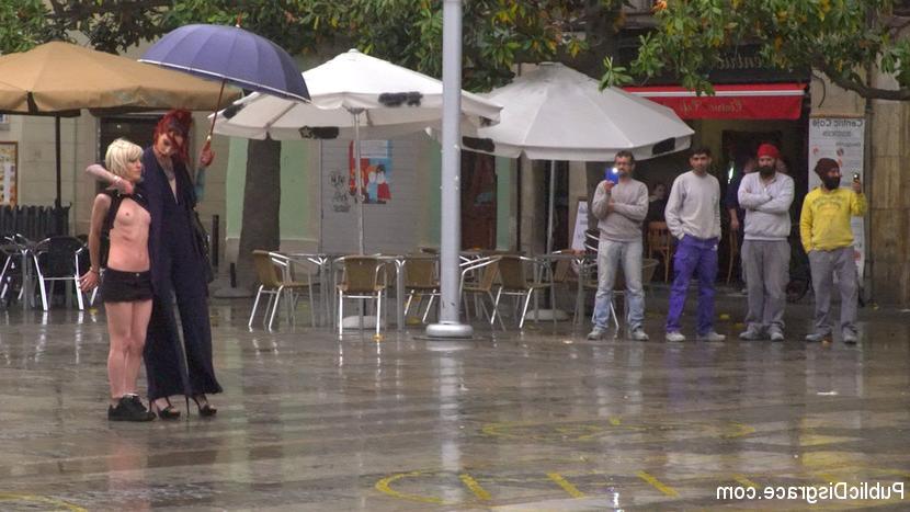 15P Blonde girl is humiliated in public on a rainy day before public sex acts