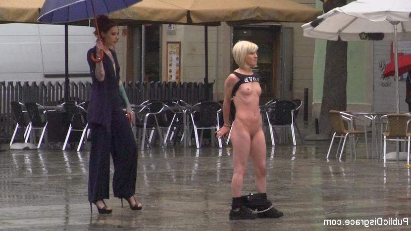 15P Blonde girl is humiliated in public on a rainy day before public sex acts