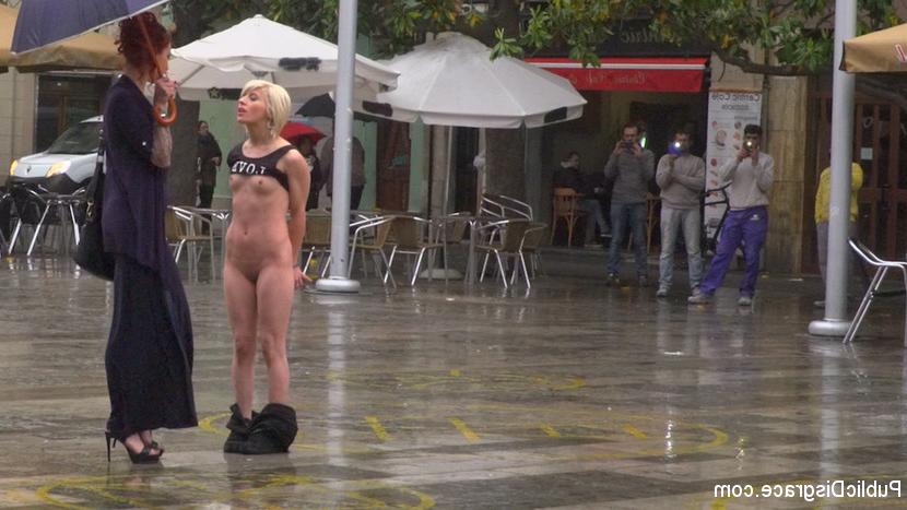 15P Blonde girl is humiliated in public on a rainy day before public sex acts