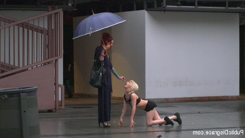 15P Blonde girl is humiliated in public on a rainy day before public sex acts