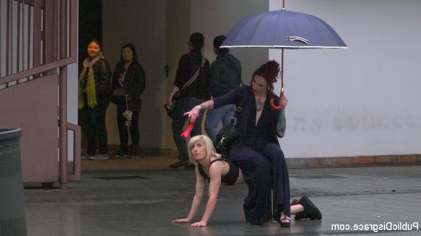 15P Blonde girl is humiliated in public on a rainy day before public sex acts