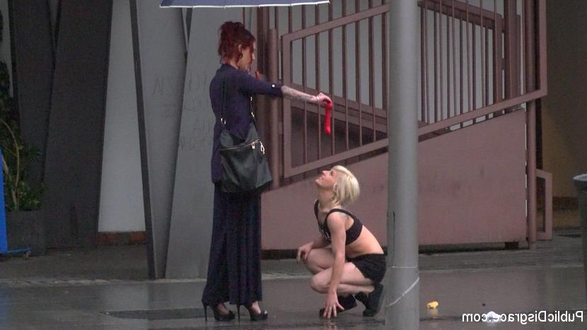 15P Blonde girl is humiliated in public on a rainy day before public sex acts