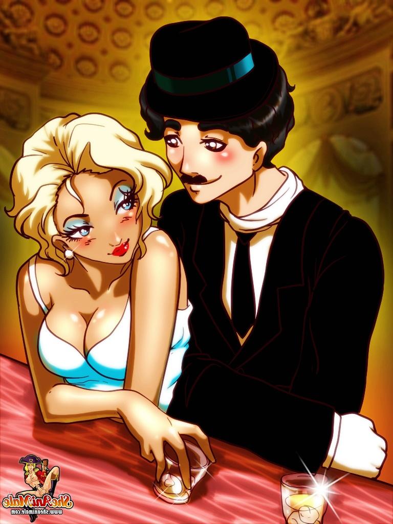 12P Transexual rubia animada con grandes tetas es follada por un dibujo animado de Charlie Chaplin