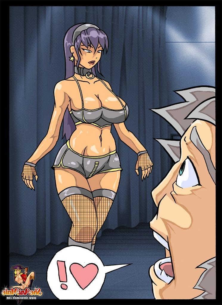 15P Curvaceous tranny milks and humps a tied up man's huge dick in a cartoon scene