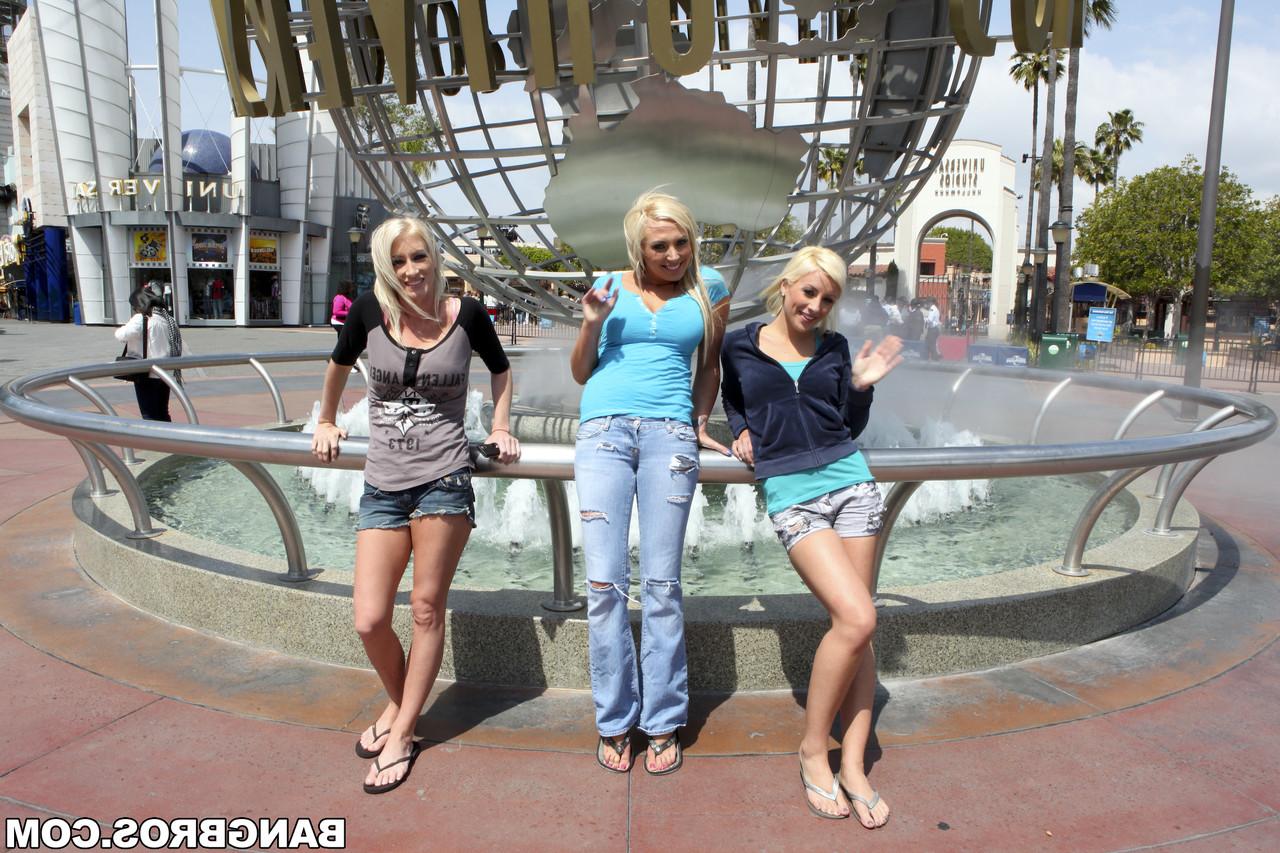 20P Blonde honeys with bubble butts undress and share a dick outdoors