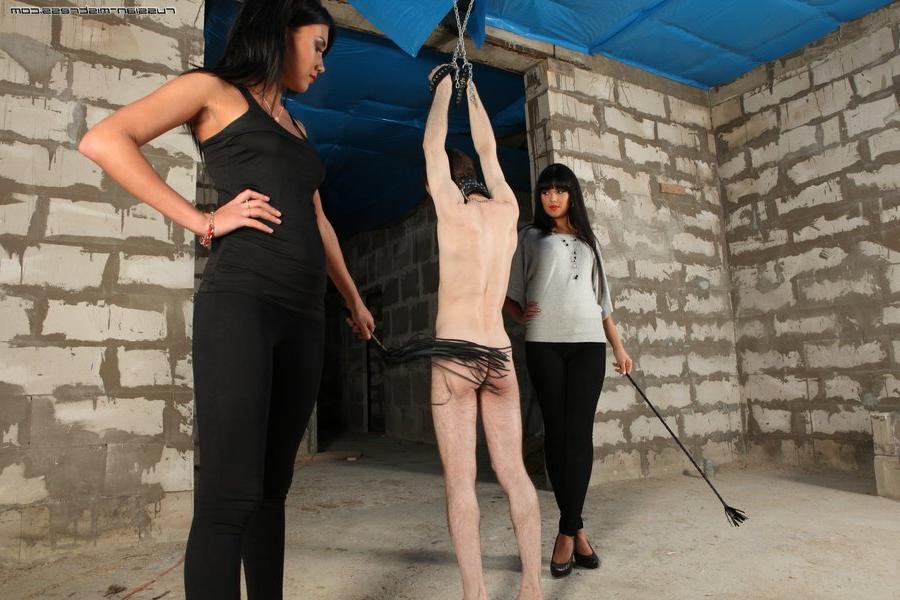 16P Hot brunettes penetrate a submissive man's asshole with a dildo stick